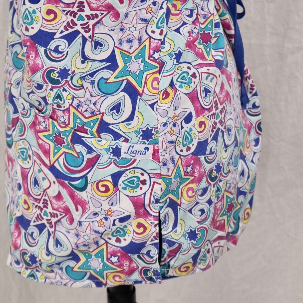 Liana Medical Scrub Top Women's XS Blue Multicolor Pattern VTG V-Neck Tie Back - Picture 5 of 11
